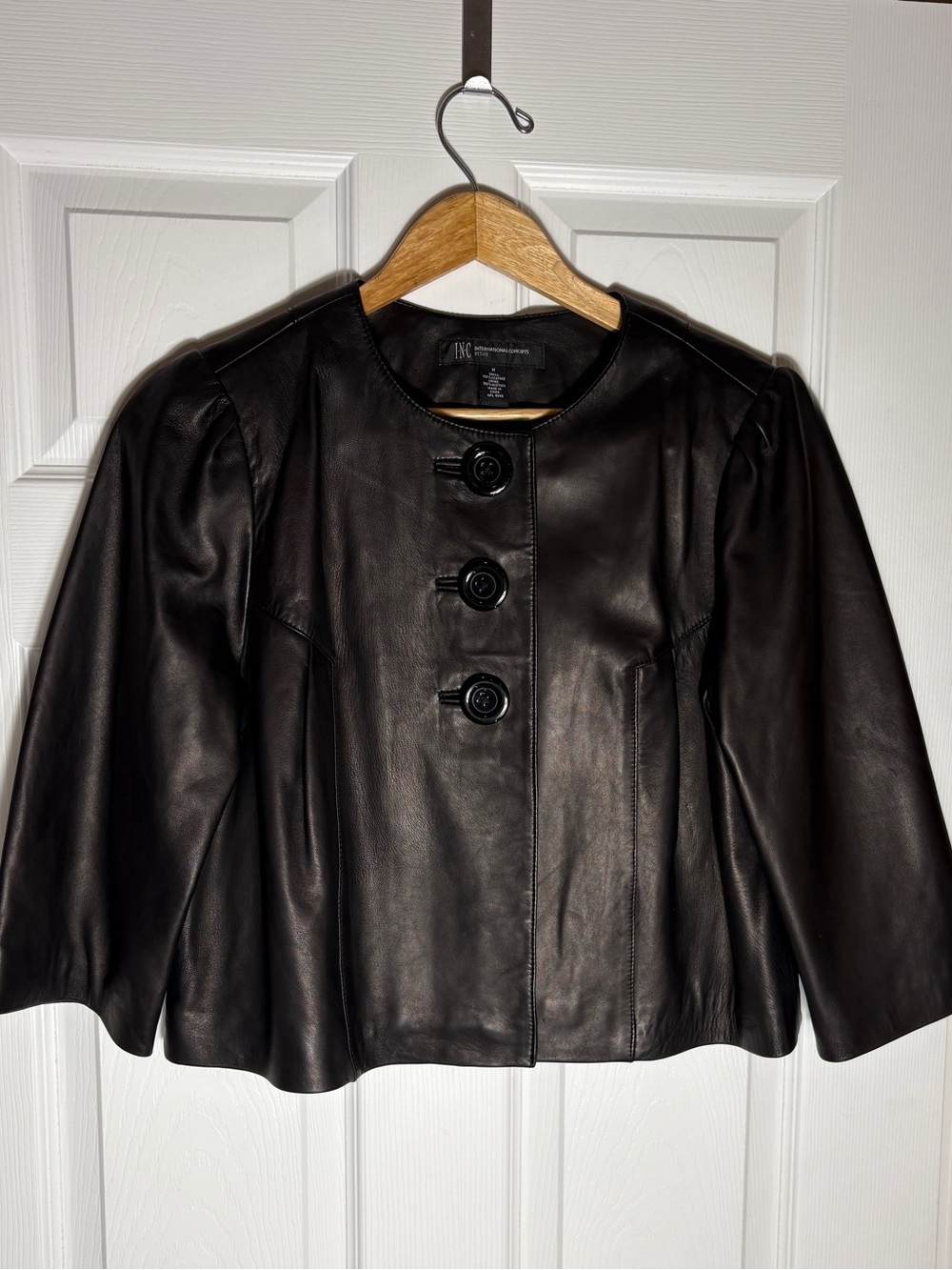 INC Black Cropped Leather Jacket, size Medium Petite Whimsigoth Y2K Indie Sleaze